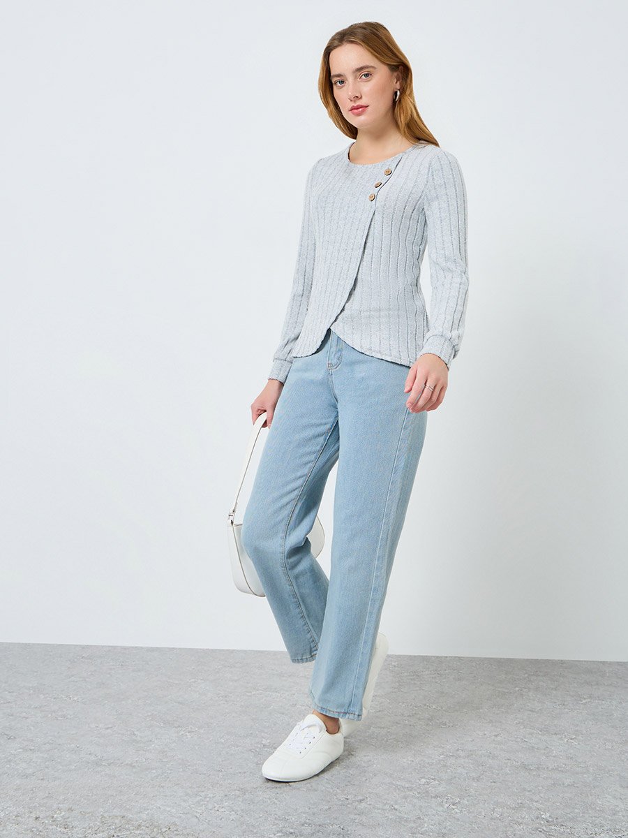 Women Grey Button Side Detail Ribbed Top