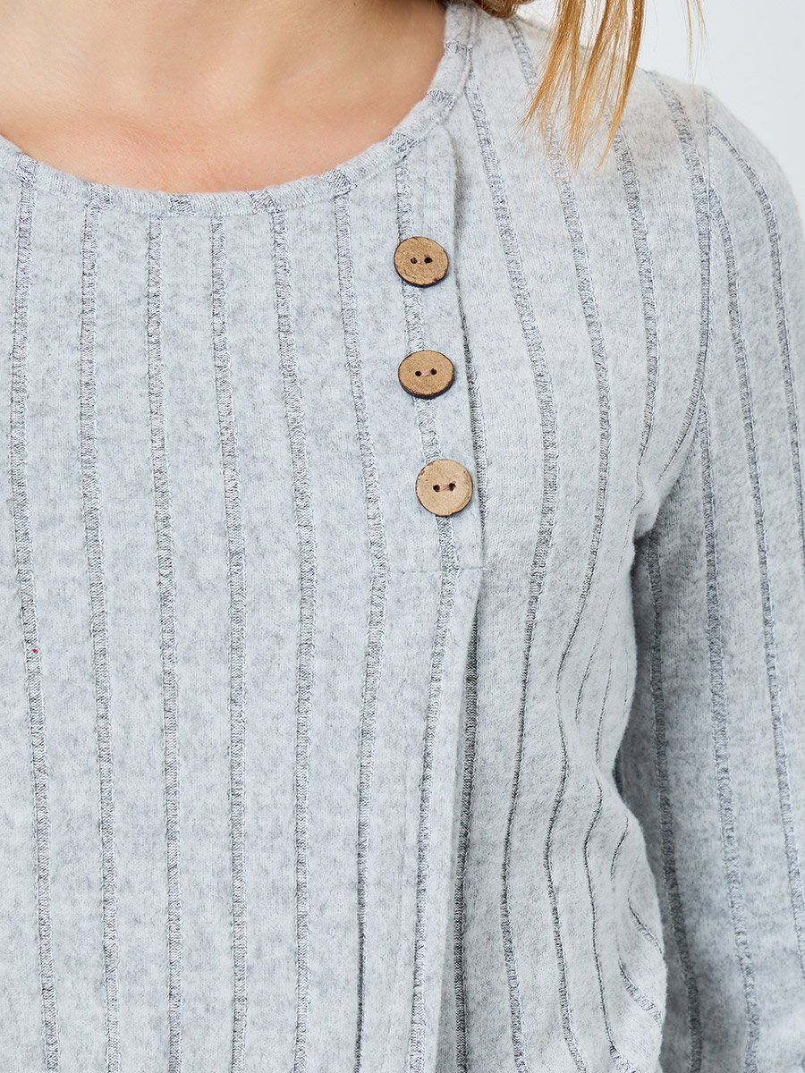 Women Grey Button Side Detail Ribbed Top