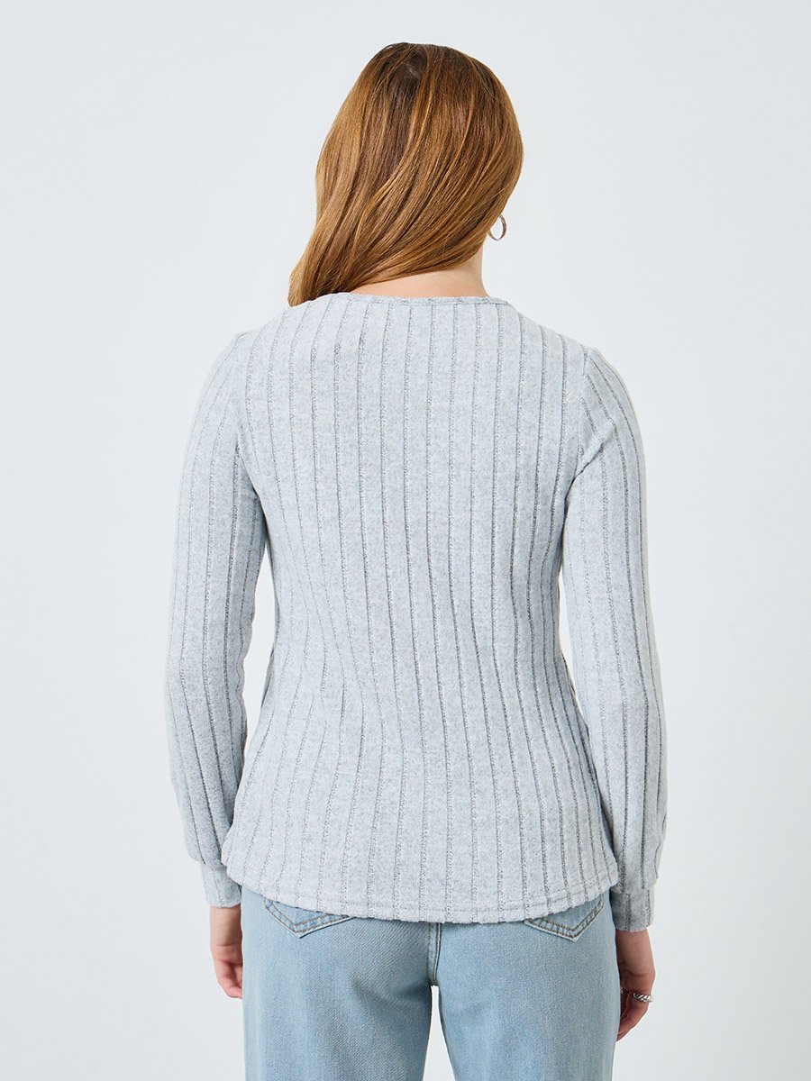 Women Grey Button Side Detail Ribbed Top
