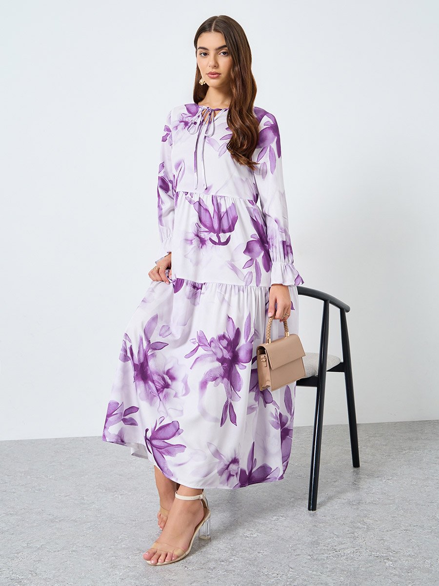 Floral Printed Tie-Up Neck Long Sleeve Midi Dress