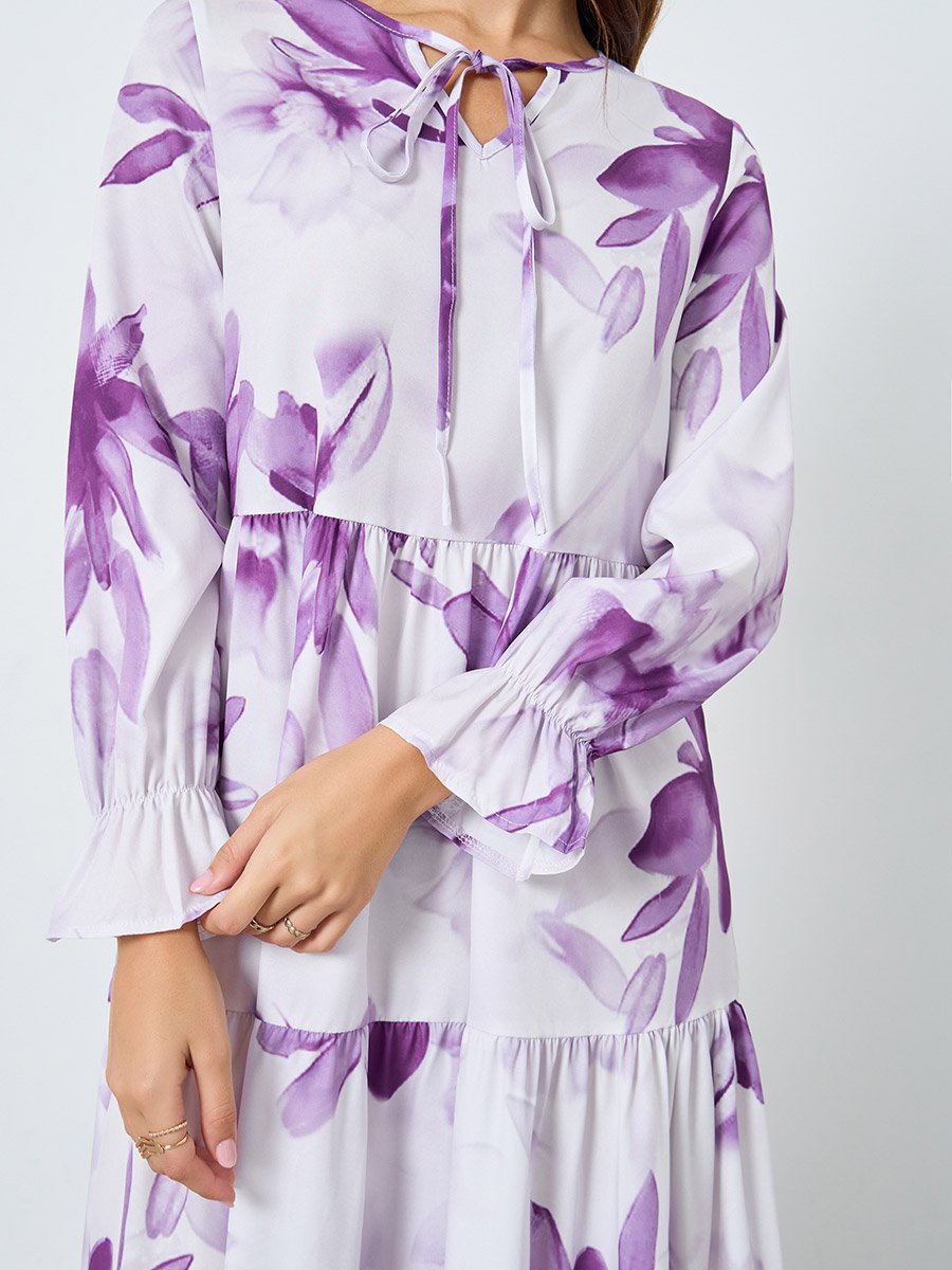 Floral Printed Tie-Up Neck Long Sleeve Midi Dress
