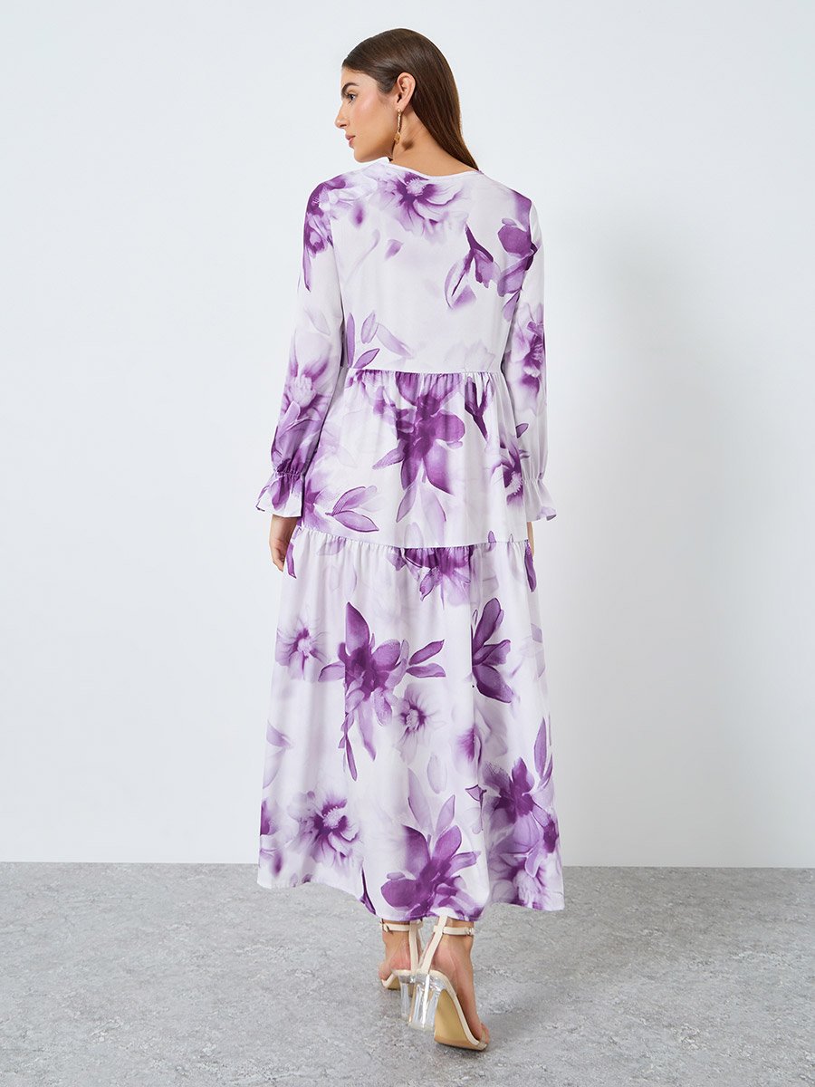 Floral Printed Tie-Up Neck Long Sleeve Midi Dress