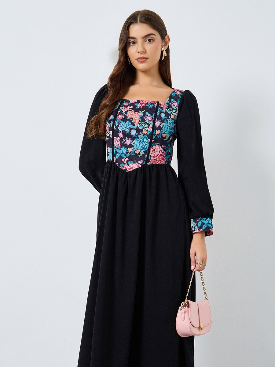 Floral Printed Square Neck Balloon Sleeve Midi Dress