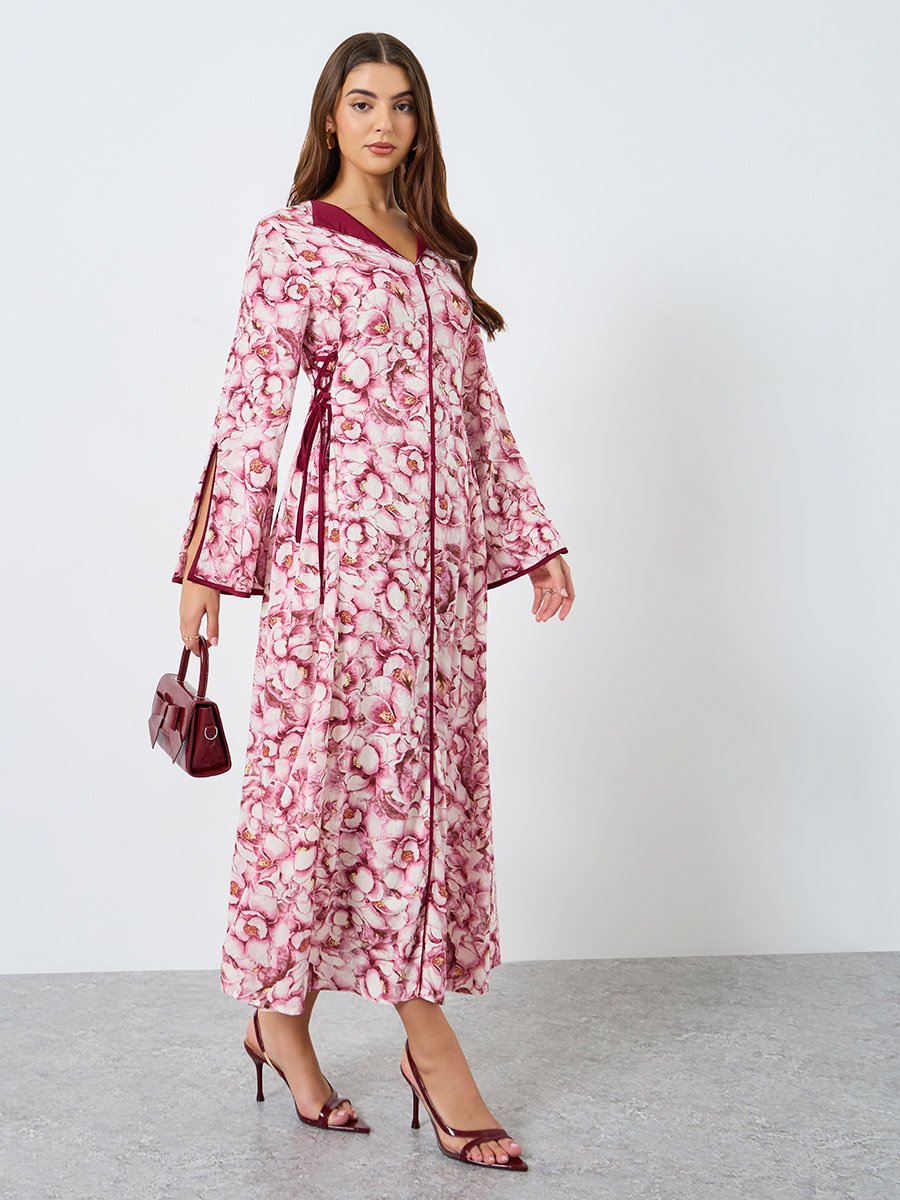All-Over Printed V Neck Split Long Sleeve Maxi Dress