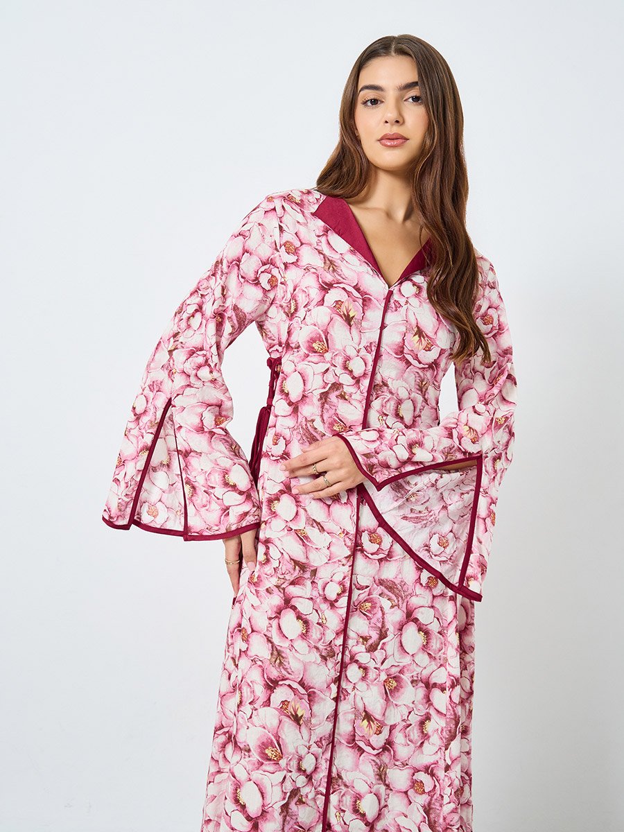 All-Over Printed V Neck Split Long Sleeve Maxi Dress