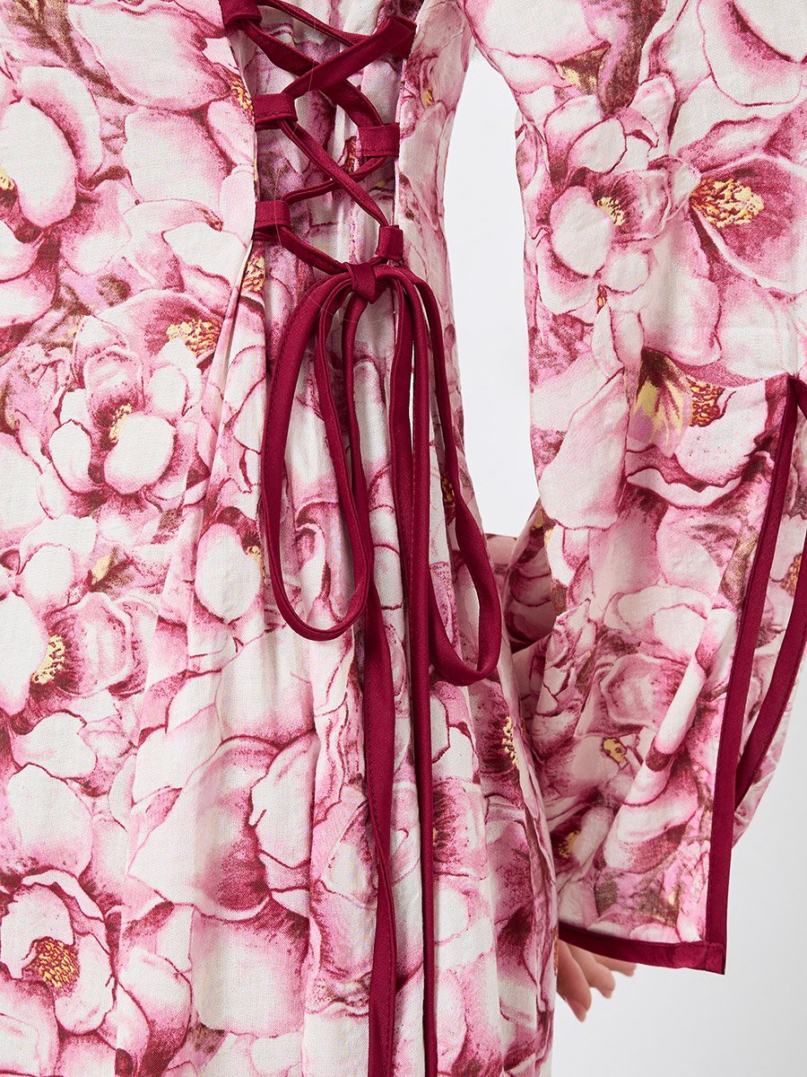 All-Over Printed V Neck Split Long Sleeve Maxi Dress