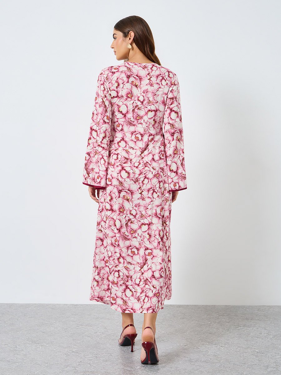 All-Over Printed V Neck Split Long Sleeve Maxi Dress
