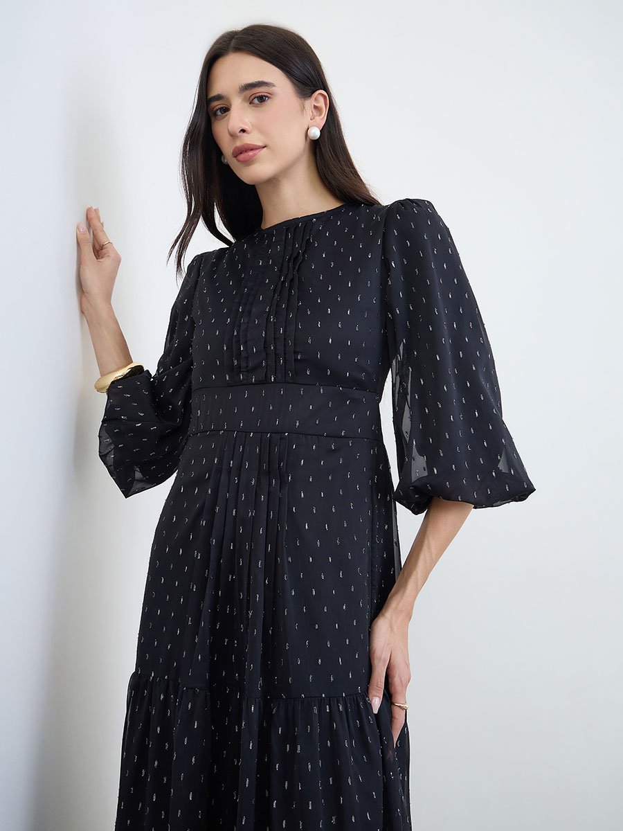 Black Lurex Dobby 3/4 Sleeves Tiered Maxi Dress