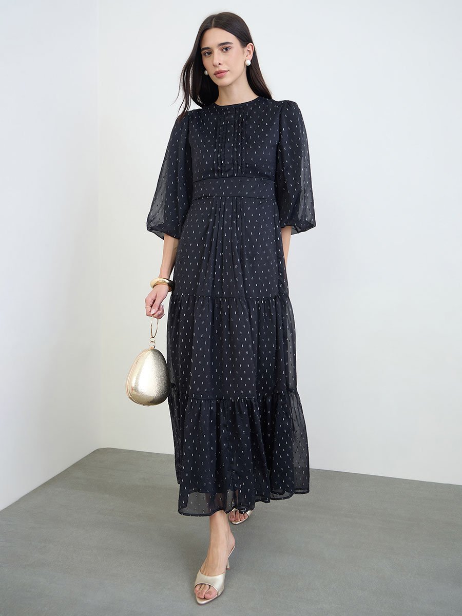 Black Lurex Dobby 3/4 Sleeves Tiered Maxi Dress