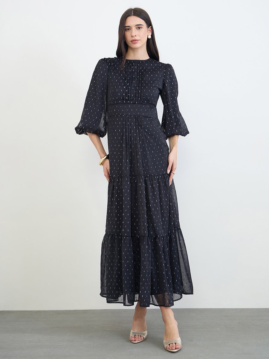 Black Lurex Dobby 3/4 Sleeves Tiered Maxi Dress
