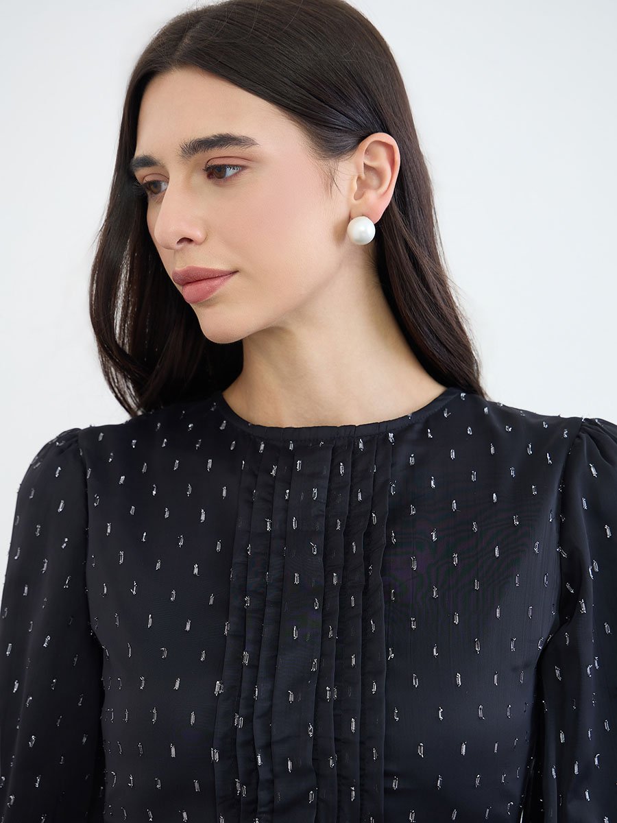 Black Lurex Dobby 3/4 Sleeves Tiered Maxi Dress