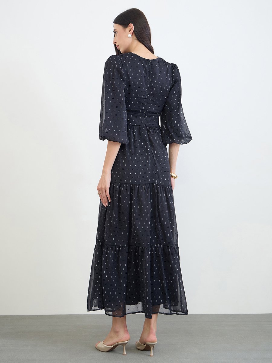 Black Lurex Dobby 3/4 Sleeves Tiered Maxi Dress