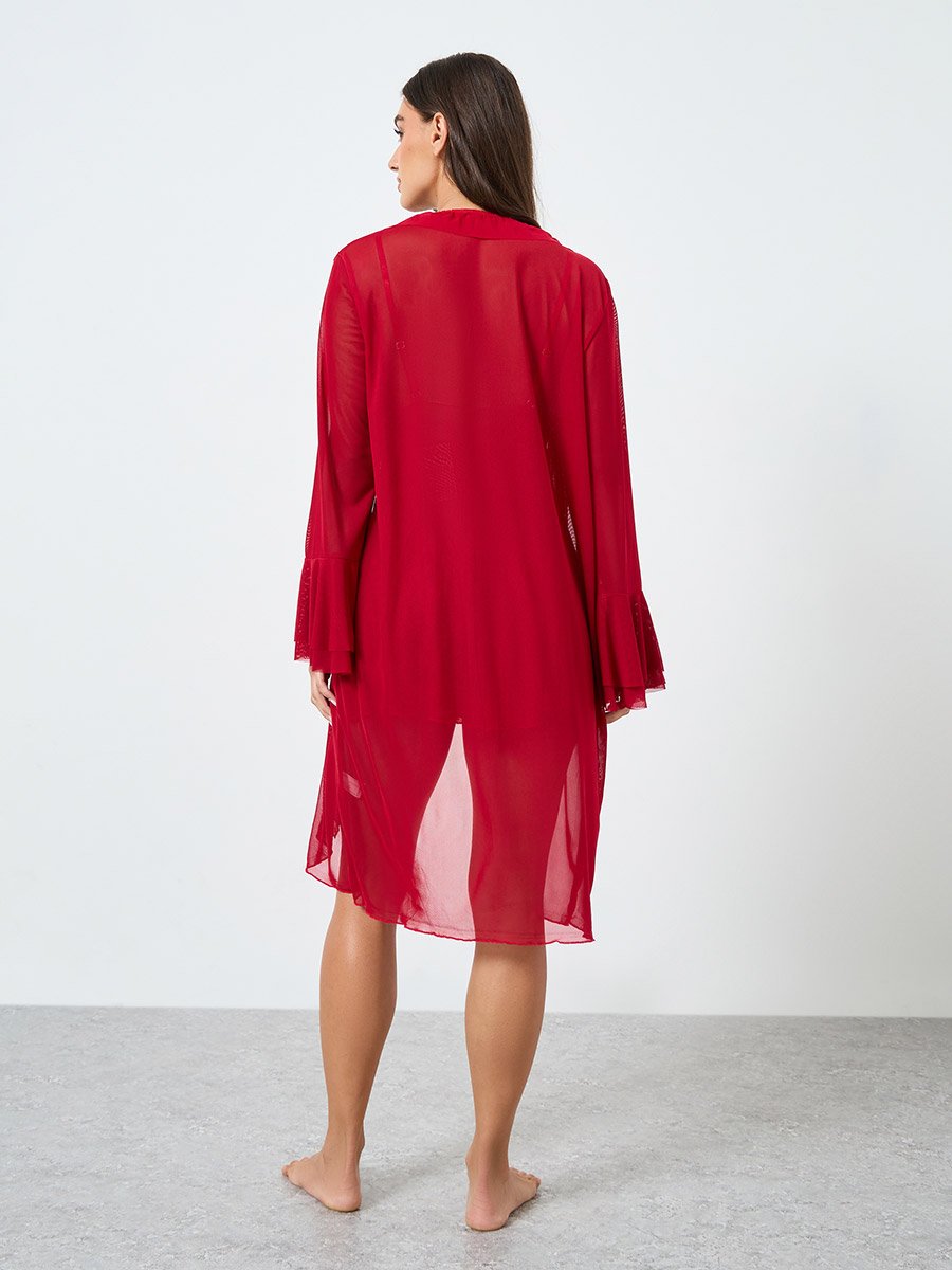 Red Mesh Flare Sleeve Robe with Bow Detail Cami Dress Set For Women at Bahrain | Styli Red Mesh Flare Sleeve Robe with Bow Detail Cami Dress Set For Women at Bahrain | Styli