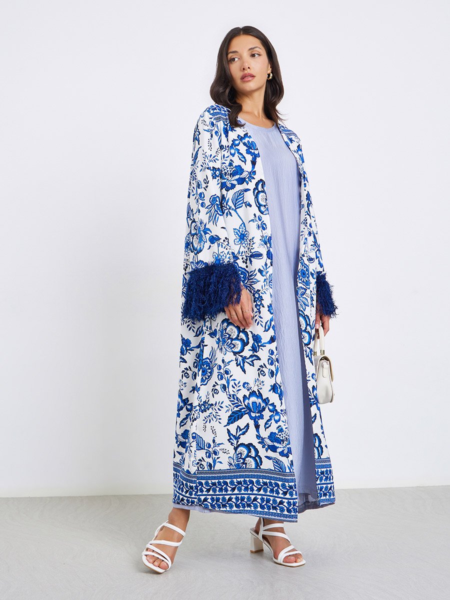 Women Blue Floral Print Abaya with Fringed Sleeves