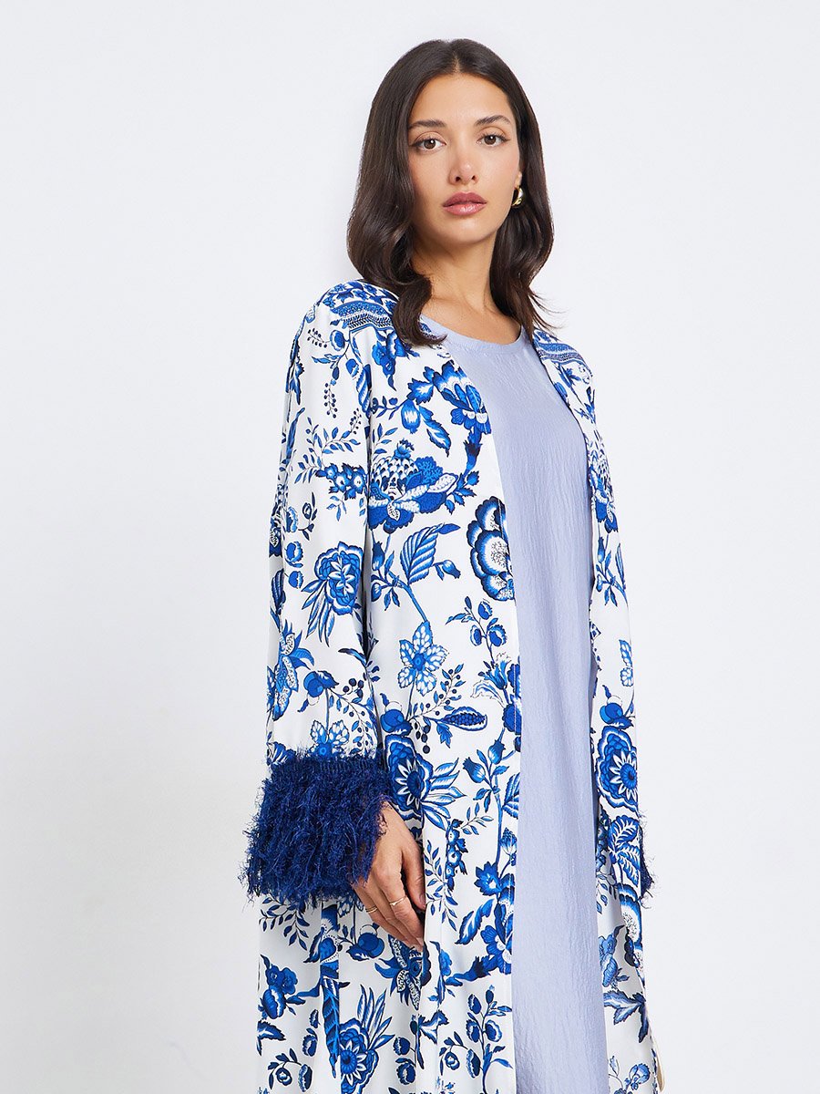 Women Blue Floral Print Abaya with Fringed Sleeves