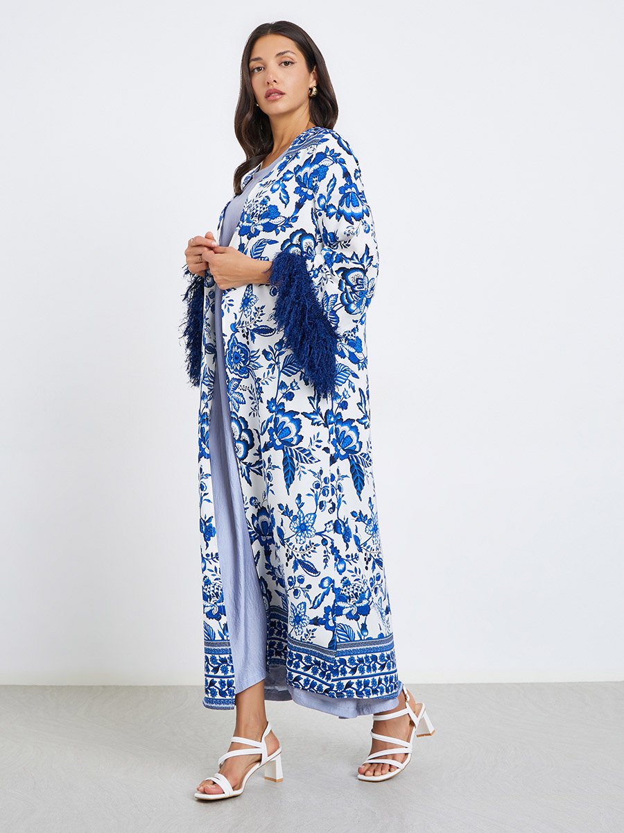 Women Blue Floral Print Abaya with Fringed Sleeves