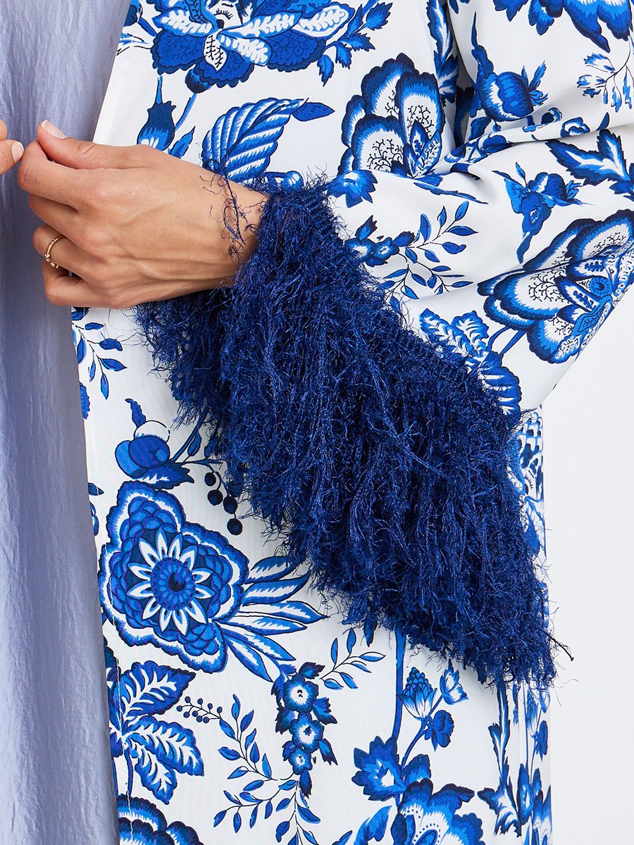 Women Blue Floral Print Abaya with Fringed Sleeves