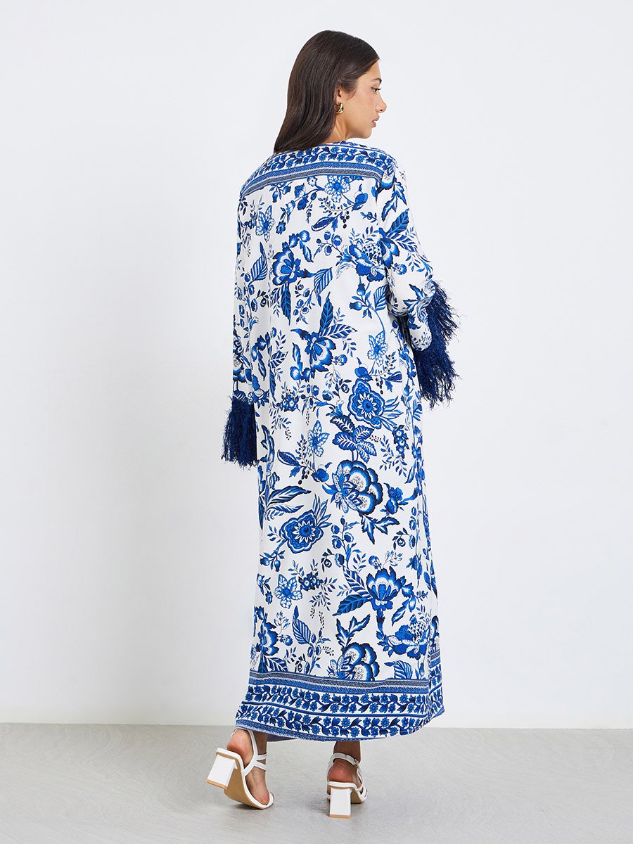 Women Blue Floral Print Abaya with Fringed Sleeves
