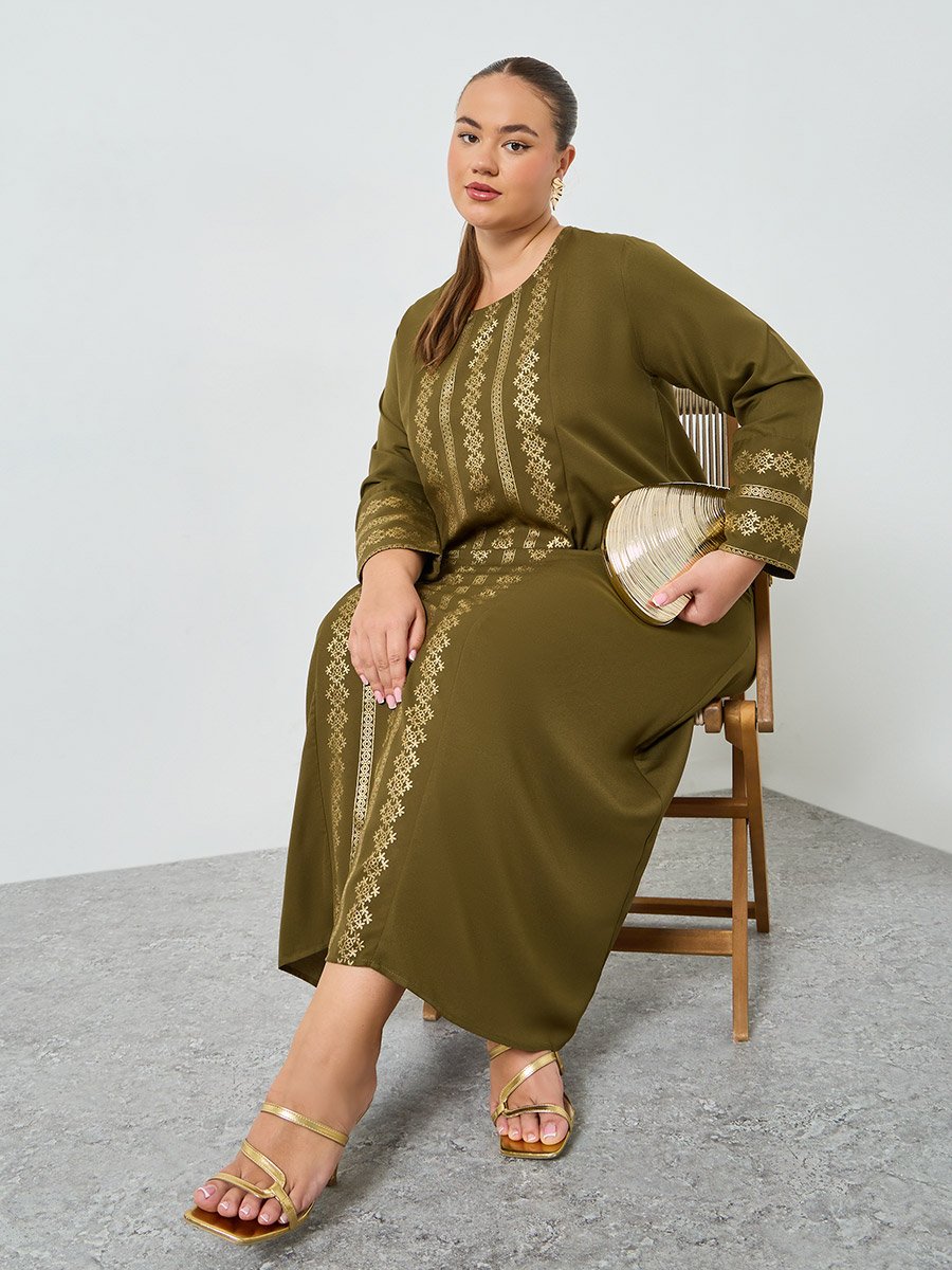 Plus Size Olive Foil Printed A-Line Jalabiya