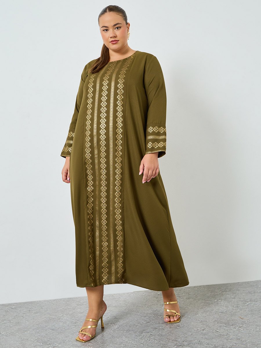 Plus Size Olive Foil Printed A-Line Jalabiya