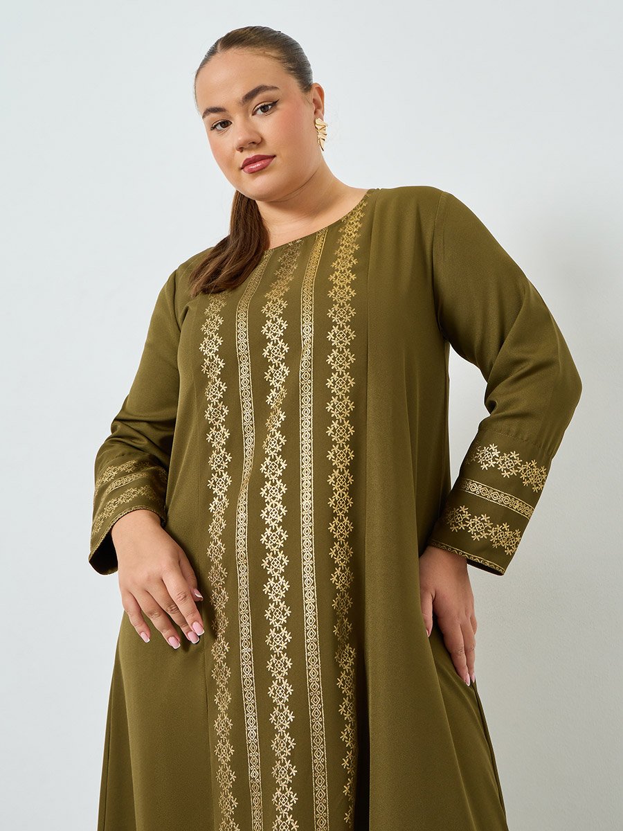 Plus Size Olive Foil Printed A-Line Jalabiya