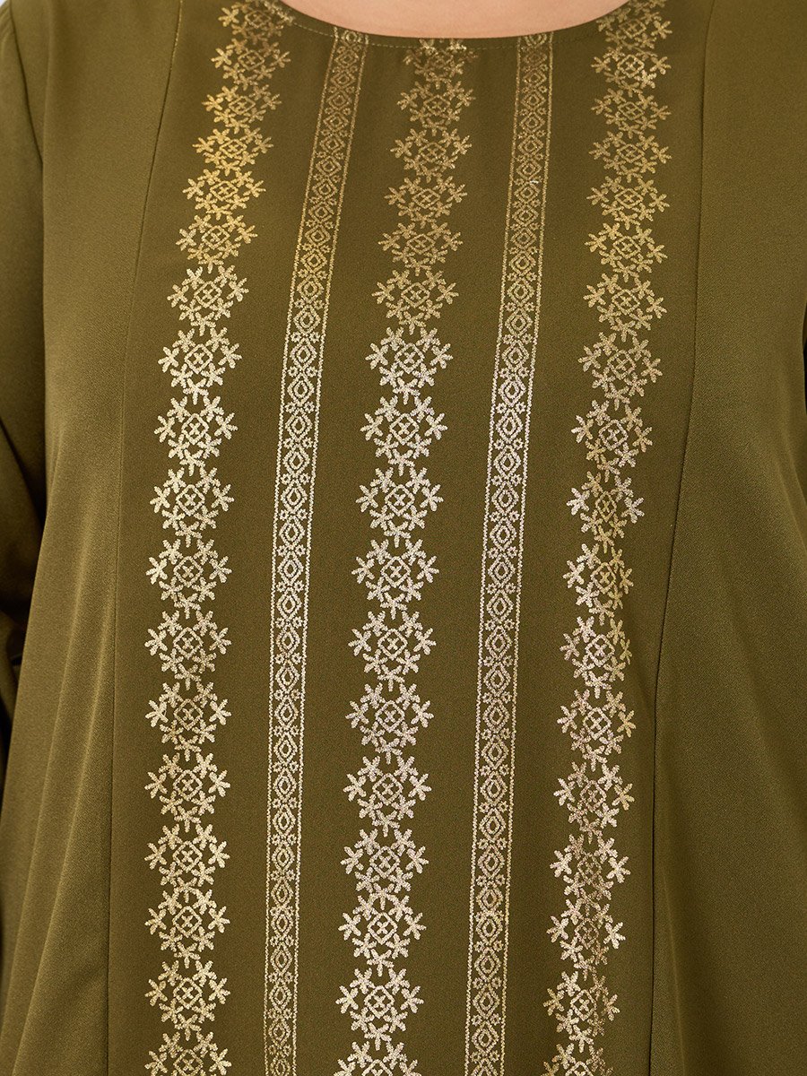 Plus Size Olive Foil Printed A-Line Jalabiya