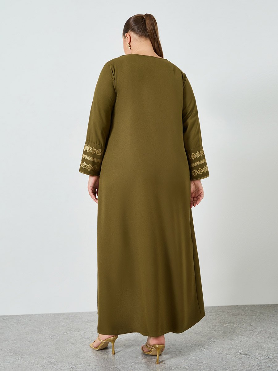 Plus Size Olive Foil Printed A-Line Jalabiya
