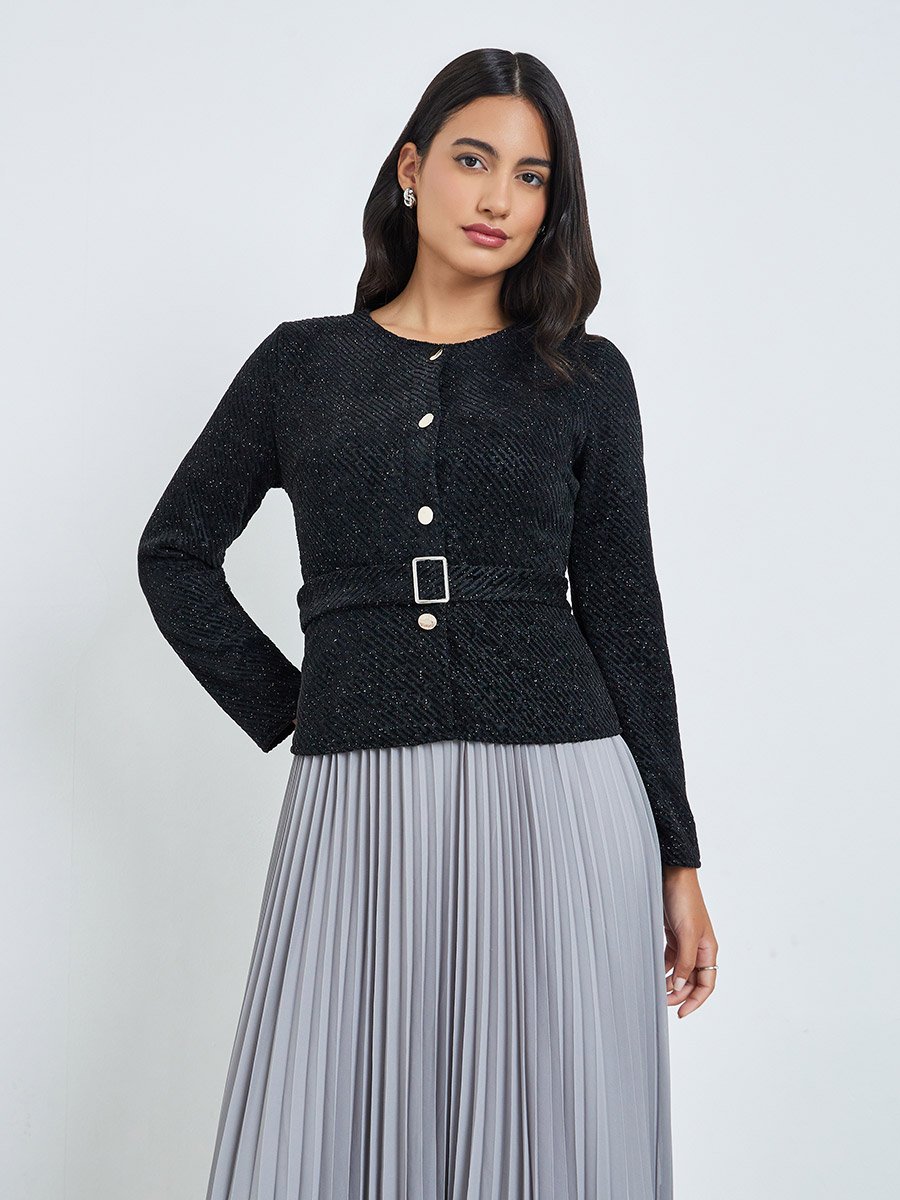 Black Tweed Pleated A-Line Maxi Dress with Belt