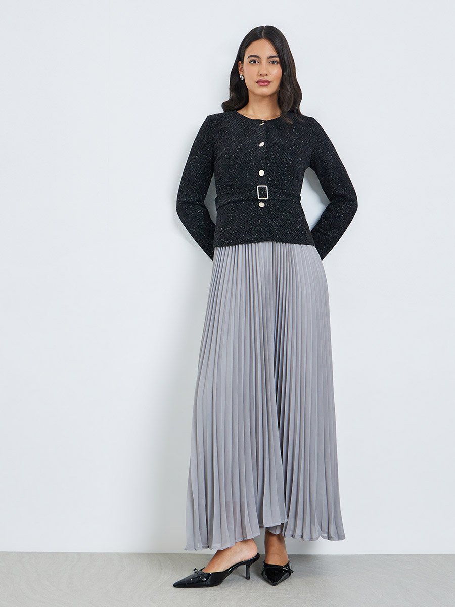 Black Tweed Pleated A-Line Maxi Dress with Belt