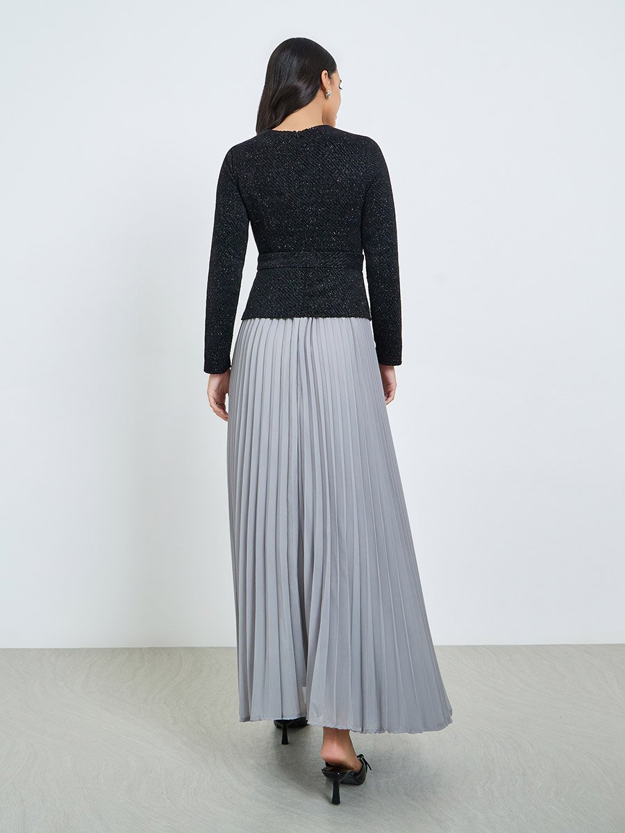 Black Tweed Pleated A-Line Maxi Dress with Belt