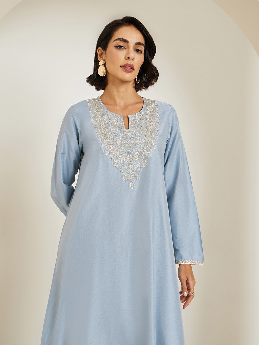 Light Blue Embroidered A-Line Jalabiya