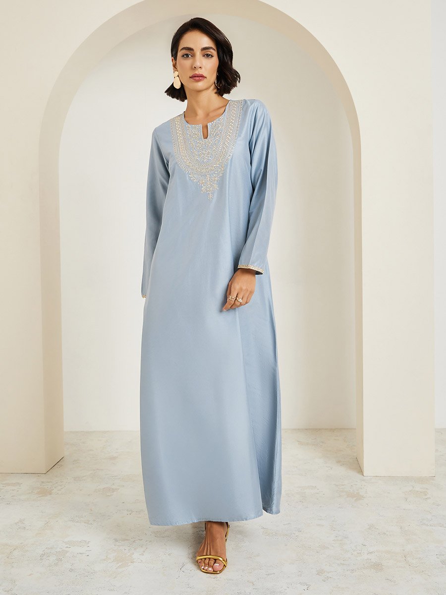 Light Blue Embroidered A-Line Jalabiya