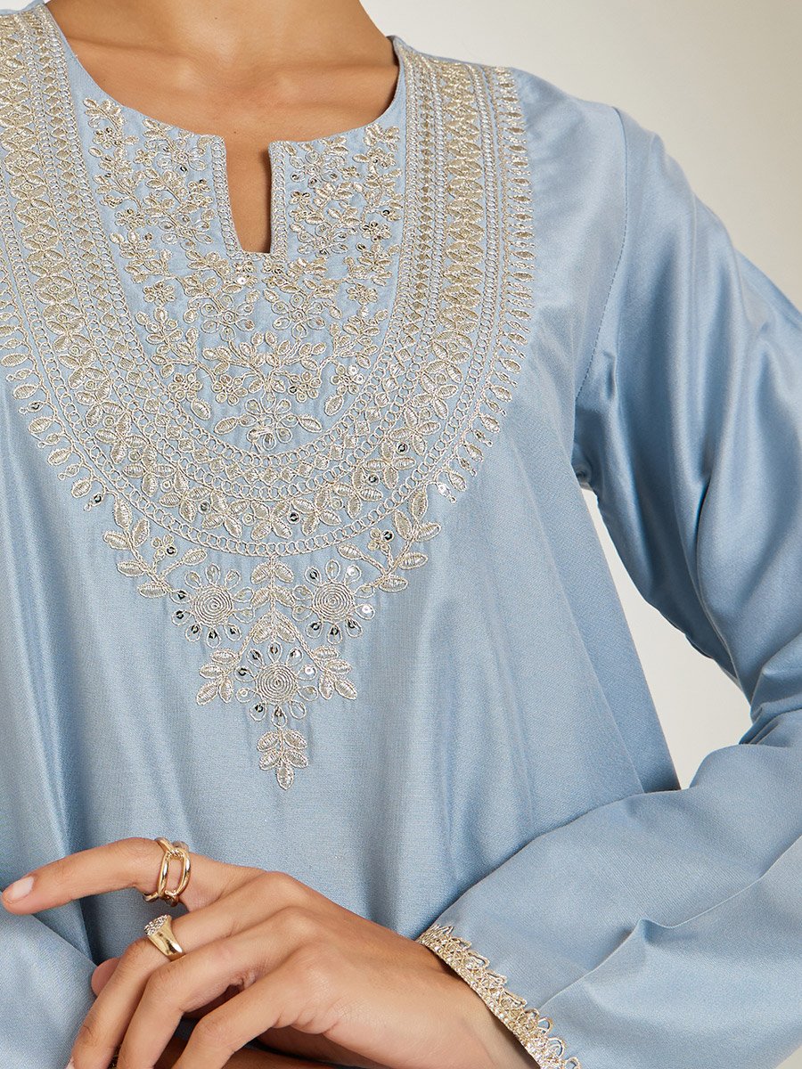 Light Blue Embroidered A-Line Jalabiya