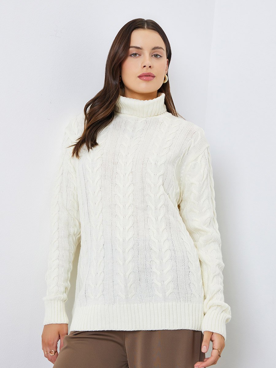 Off White Cable Knit Roll Neck Sweater