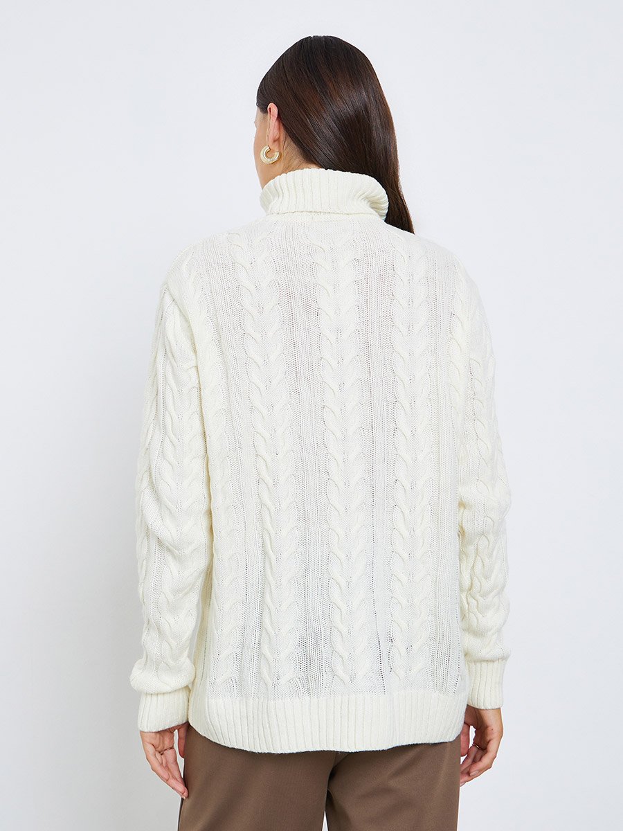 Off White Cable Knit Roll Neck Sweater
