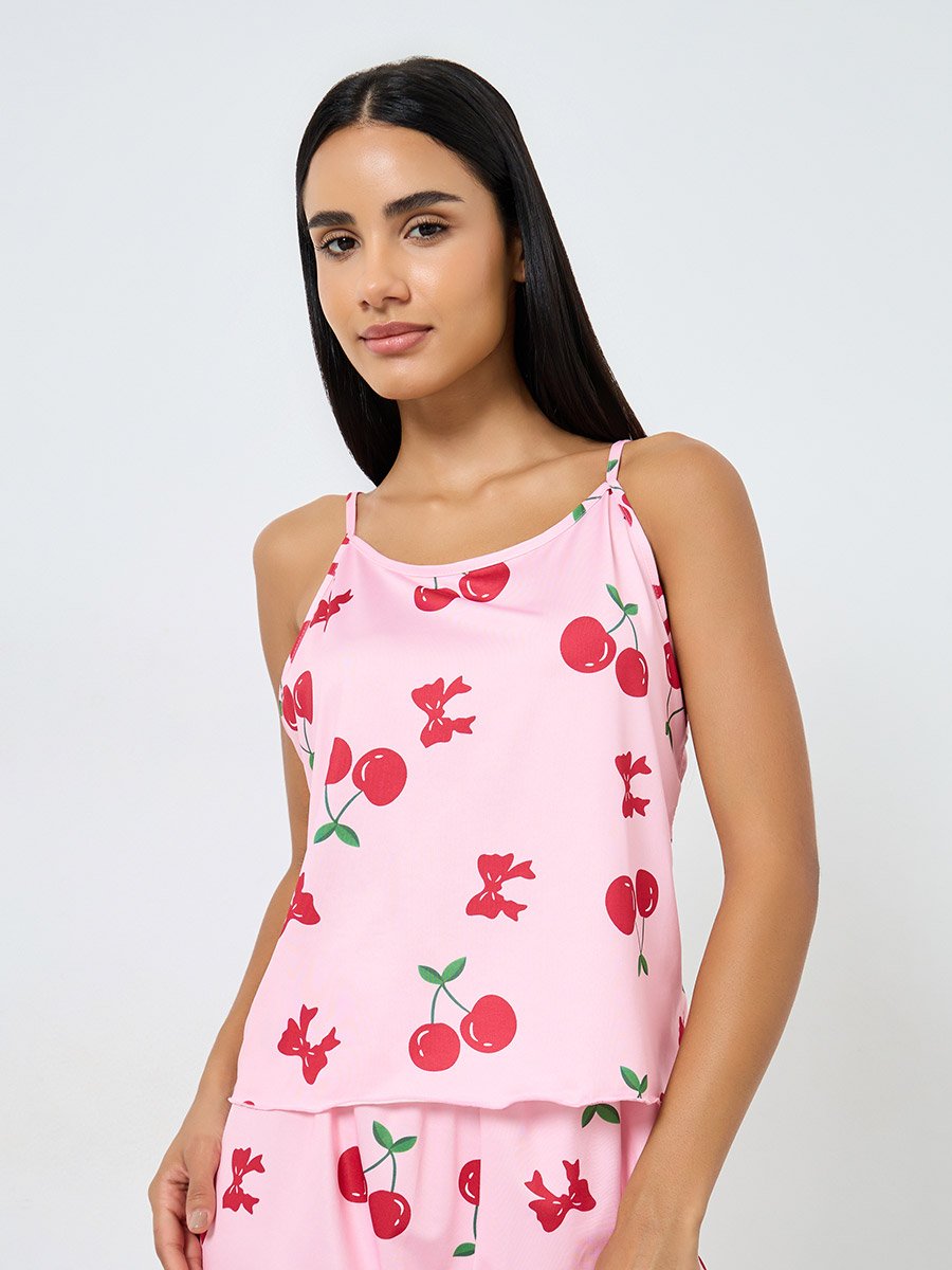 Cherry Print Cami and Ruffle Hem Shorts Set