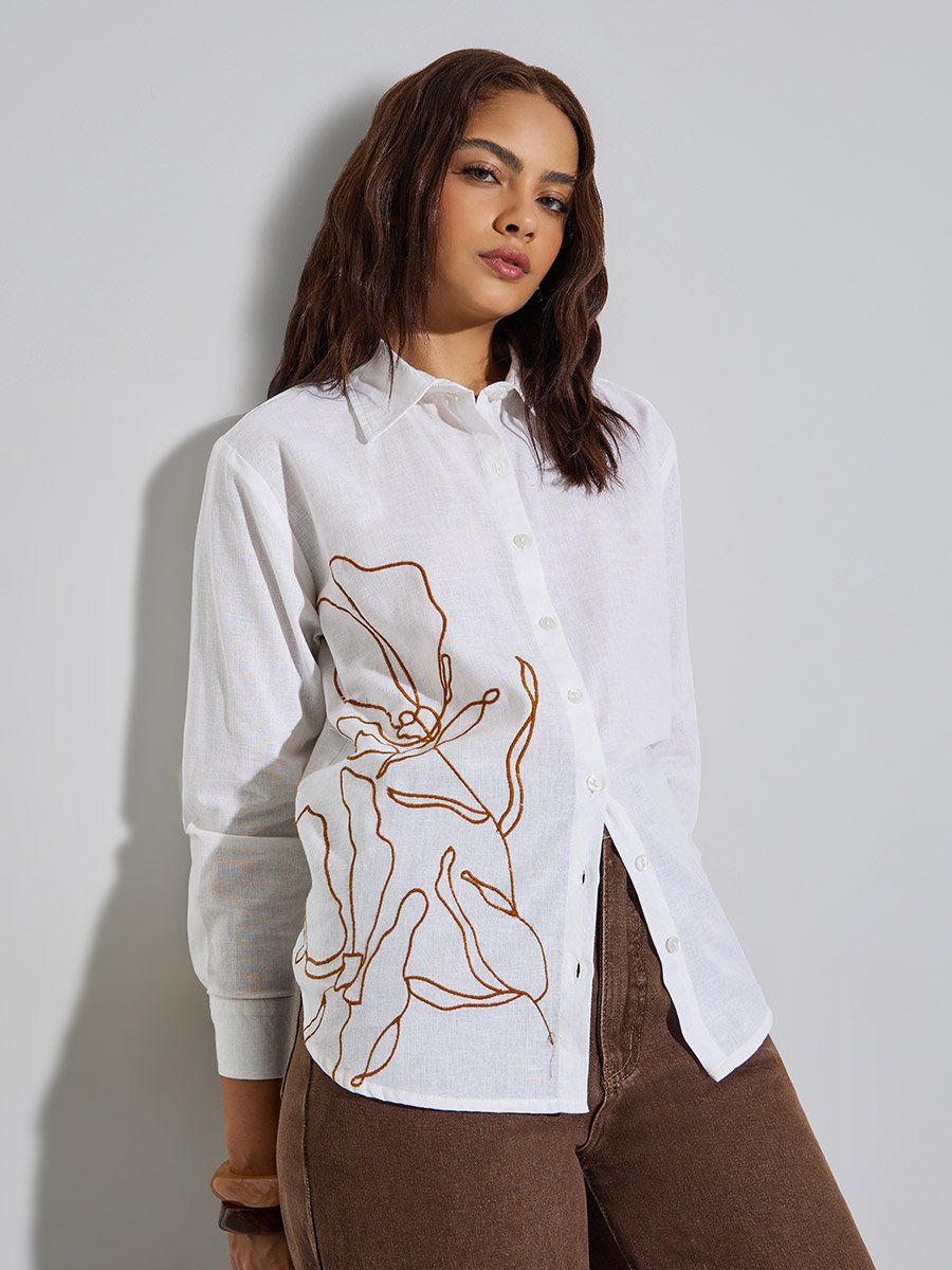 Women Off-White Embroidered Linen Shirt