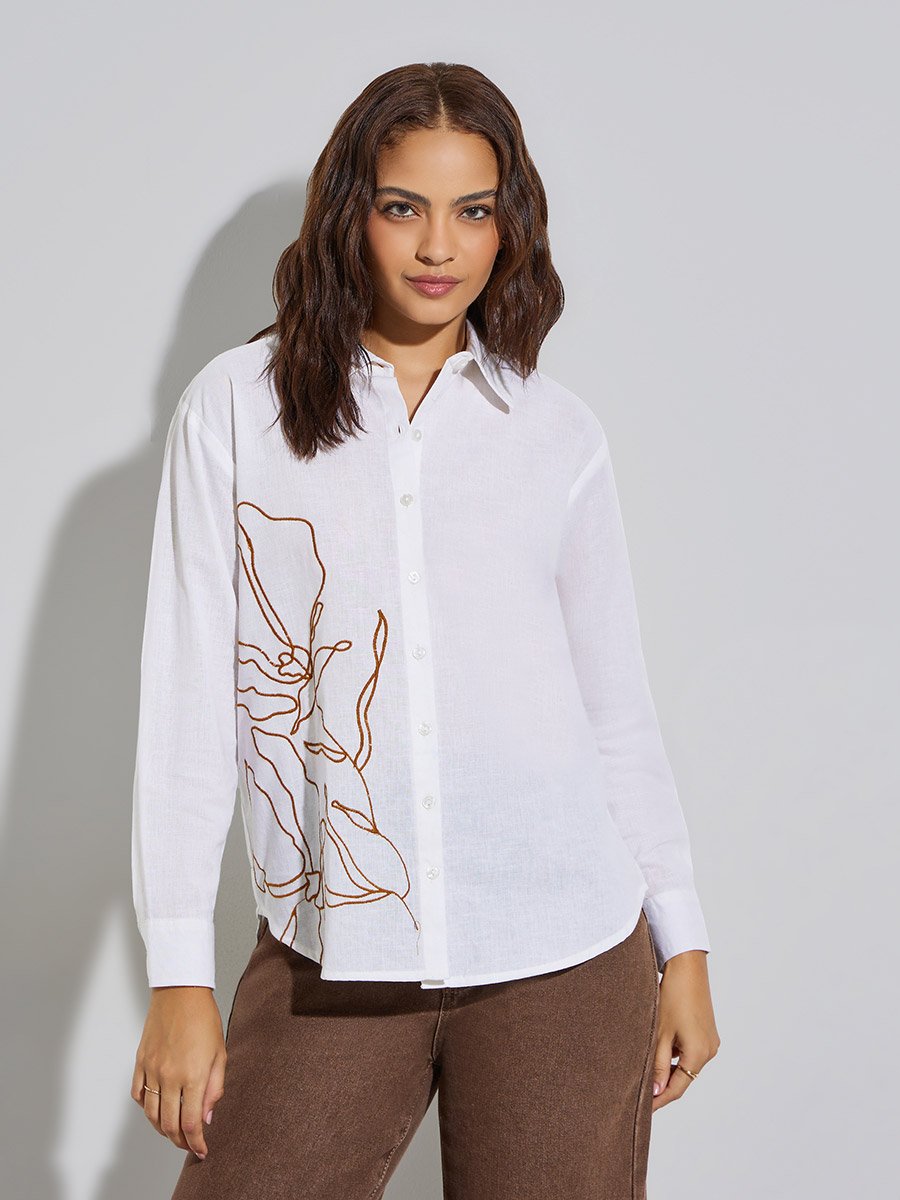Women Off-White Embroidered Linen Shirt