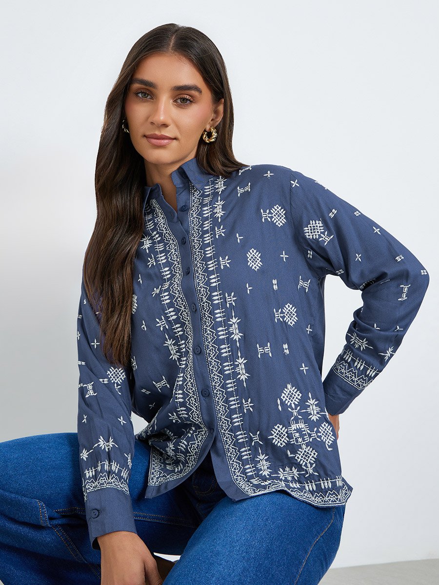 Women Blue Embroidered Oversized Shirt