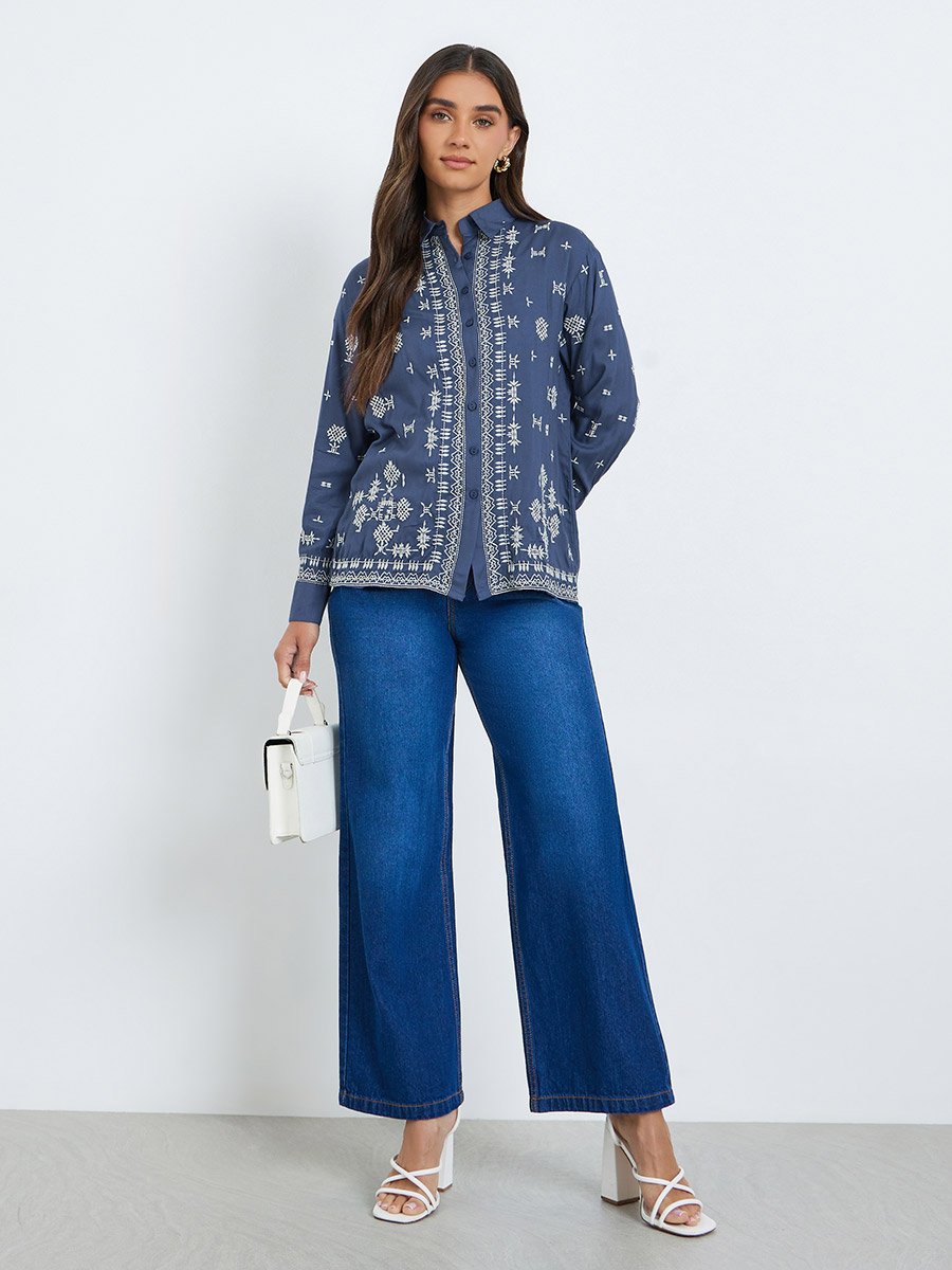 Women Blue Embroidered Oversized Shirt