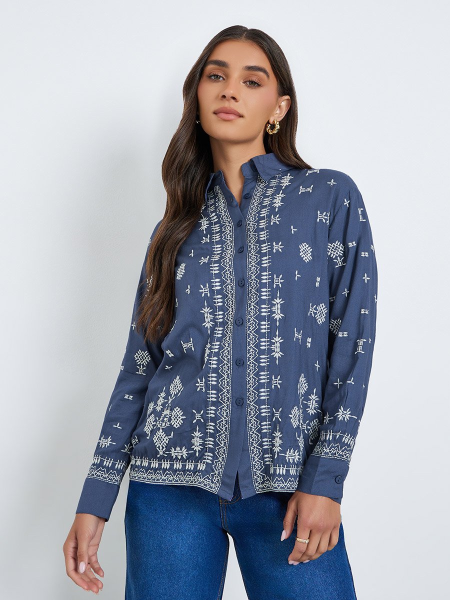 Women Blue Embroidered Oversized Shirt