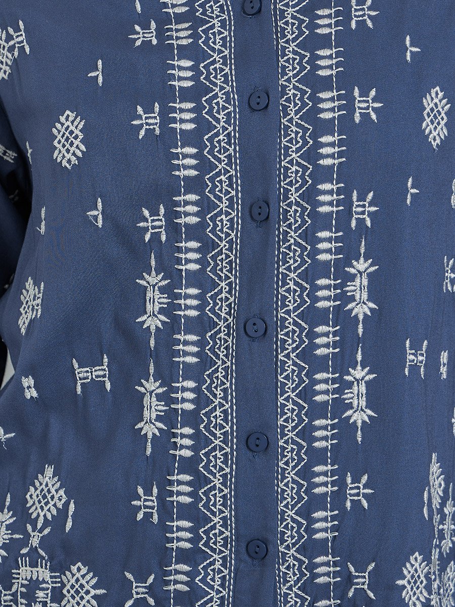 Women Blue Embroidered Oversized Shirt