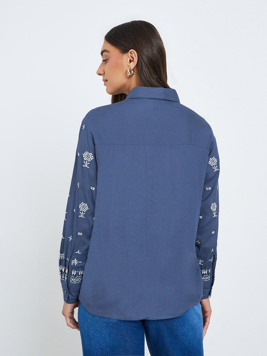 Women Blue Embroidered Oversized Shirt