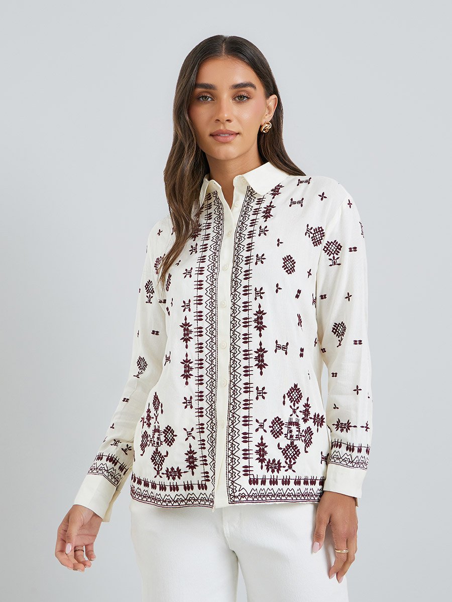 Women White Embroidered Oversized Shirt