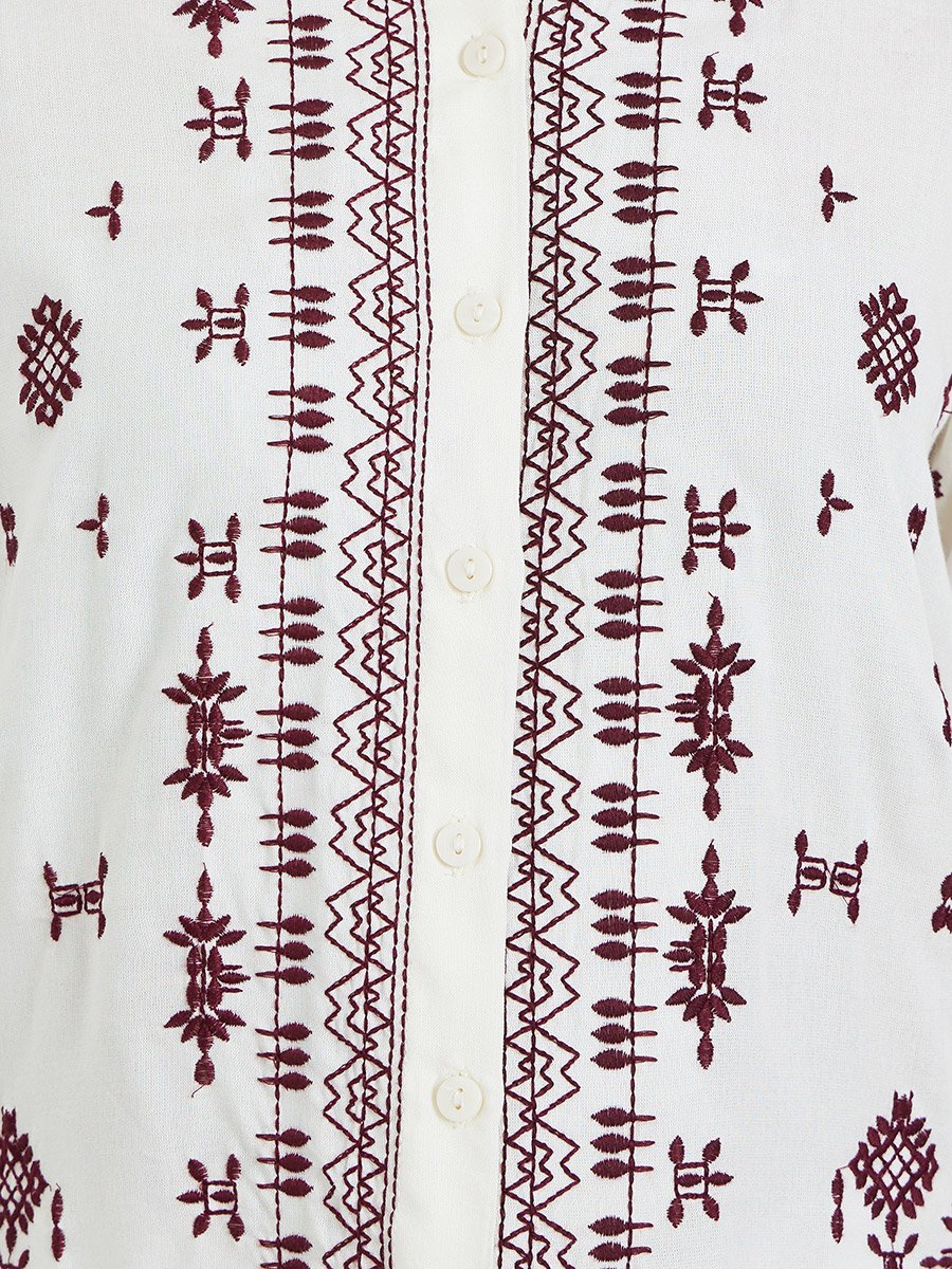 Women White Embroidered Oversized Shirt