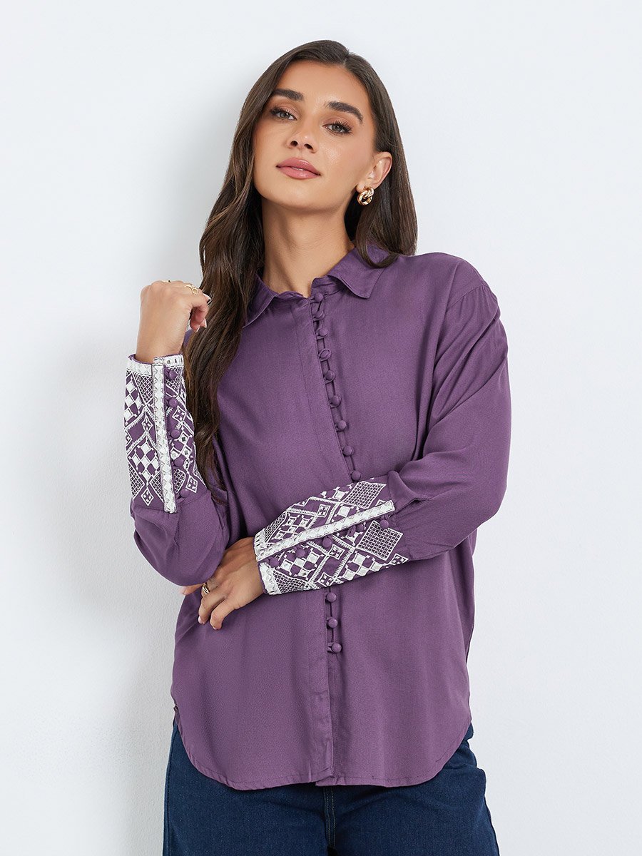 Women Purple Embroidered Cuff Long Sleeve Shirt