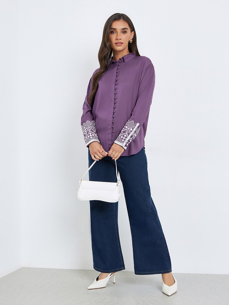 Women Purple Embroidered Cuff Long Sleeve Shirt