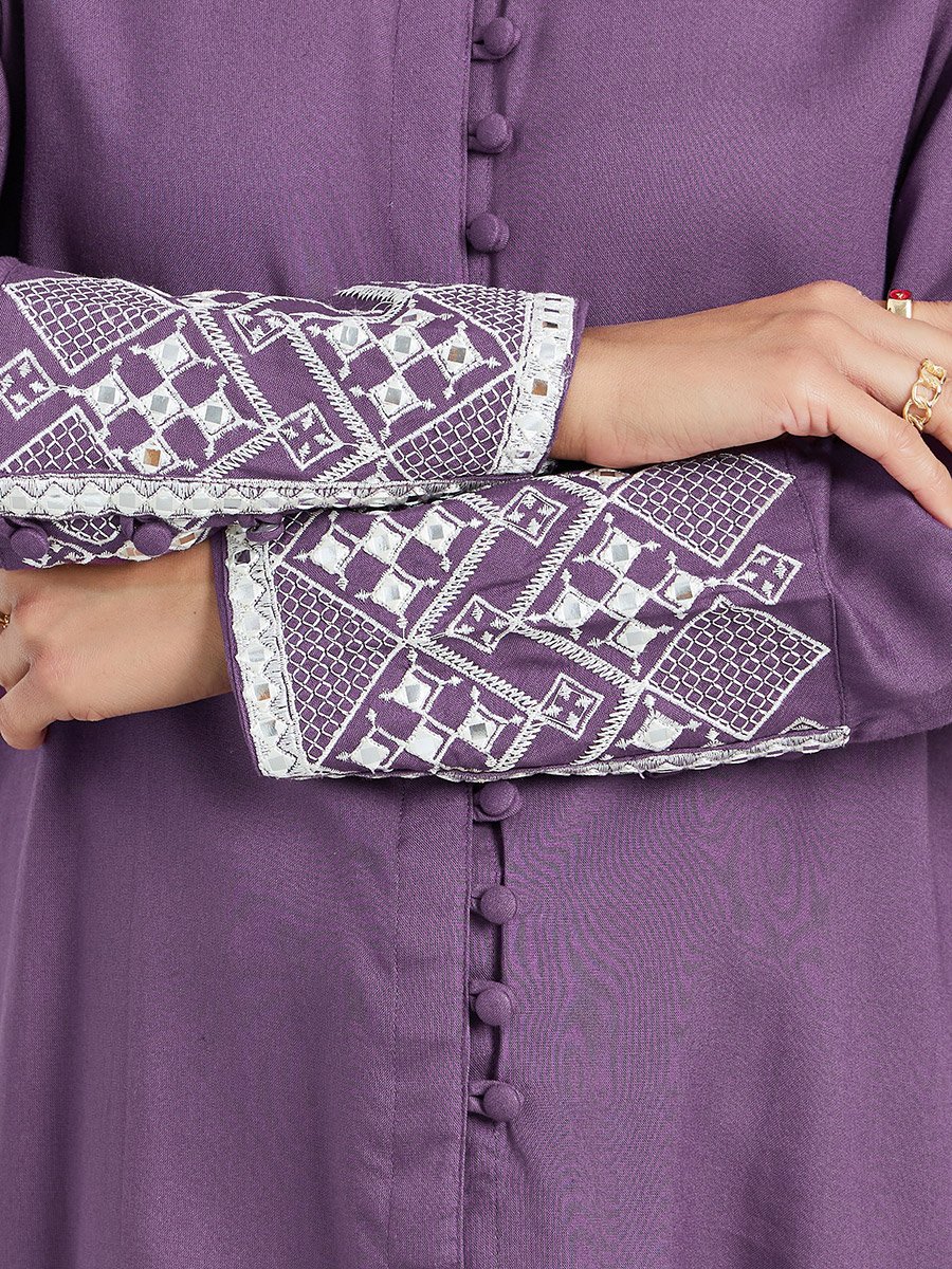 Women Purple Embroidered Cuff Long Sleeve Shirt
