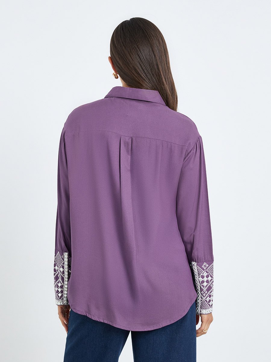 Women Purple Embroidered Cuff Long Sleeve Shirt