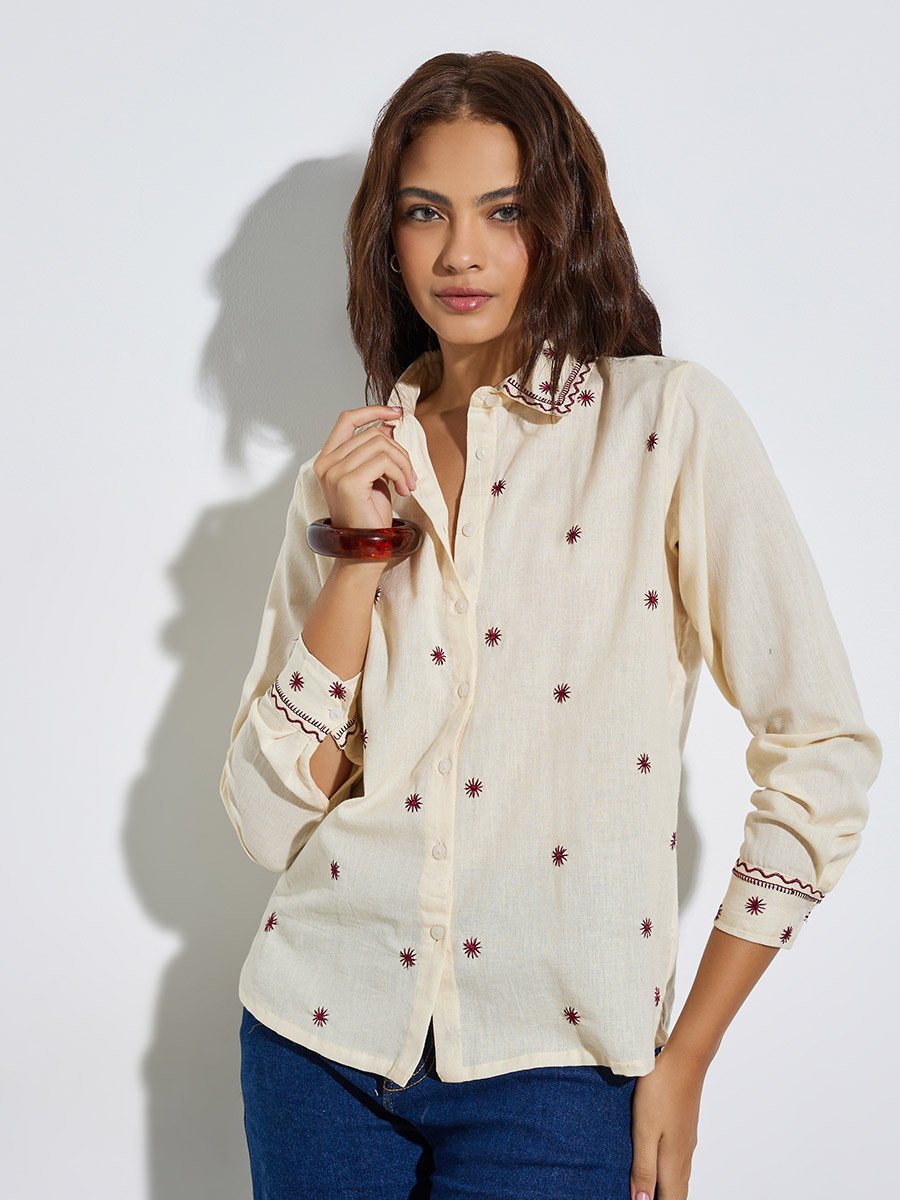 Women Beige Embroidered Long Sleeve Shirt